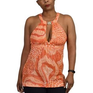 Trina Turk Halter Top Orange Metallic Tunic Keyhole Plunge Retro Y2K Size 6